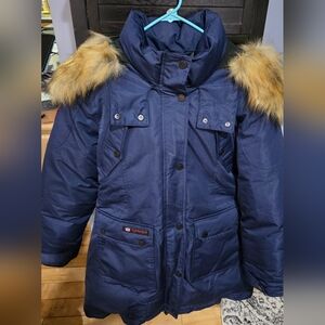 Women's Canada Weathergear Navy Blue Long Puffer Jacket W/ Faux Fur Trimmed Hood